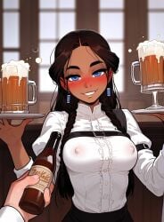 1girls ai_generated avatar_legends avatar_the_last_airbender beer_mug blue_eyes braided_hair drunk female human katara looking_at_viewer nipples_visible_through_clothing smiling_at_viewer waitress water_tribe