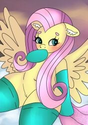 anykoe blush clothing cloud equid equine female feral fluttershy_(mlp) footwear friendship_is_magic genitals hasbro heart_eyes heart_symbol inner_ear_fluff mammal my_little_pony mythological_creature mythological_equine mythology oh_my pegasus pussy shy signature simple_background socks solo spread_wings tuft vagina wings