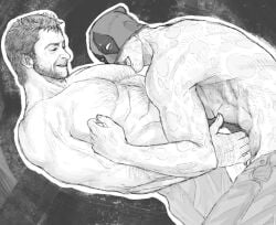 2boys deadpool gay james_howlett large_pectorals logan_(x-men) male male/male marvel marvel_cinematic_universe marvel_comics mask_lift muscular_male nipple_tweak nipples penis penis_grab scar short_hair sucking_male_nipple thoughzo00000 wade_wilson wolverine_(x-men) x-men yaoi