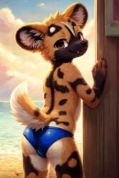 african_wild_dog ai_generated back_view cub cute_fangs doorway furry furry_only house innocent inviting inviting_to_sex kemono male male_only prompter:african_coon rear_view speedo tail_lift young younger_male