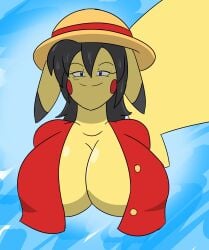 female female_only huge_breasts igphhangout monkey_d_luffy_(cosplay) one_piece pikachu pokemon tagme tesla_(igph)