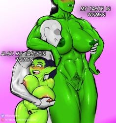 1boy 2girls absolutely_nothing_on big_breasts blush blushing breasts completely_naked completely_nude completely_nude_female completely_nude_male diannadarc embarrassed_nude_female female female_pubic_hair goblin goblin_female green_skin hairy_pussy holding_breast human human_male large_breasts male male/female muscular_arms muscular_female nipples nude nude_female nude_male orc orc_female pubic_hair pussy qin_(diannadarc) shortstack squeezing_nipple taller_girl