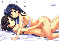 2girls absurdres blue_eyes blue_hair blush bra bra_pull breasts brown_hair cover cover_page cowgirl_position doujin_cover female hair_ornament highres idolmaster kikuchi_makoto kisaragi_chihaya long_hair looking_at_viewer multiple_girls nipples no_panties short_hair small_breasts straddling strap_slip tougarashi_hideyu underwear underwear_only yuri