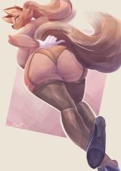 absurd_res ass ass_focus brown_fur butt_focus fanart fat_ass furry garter_straps gloves green_eyes heels hi_res keisatsu_dog_(sususuigi) low-angle_view ponytail raised_tail rdusk sideboob simple_background tail wide_hips