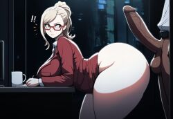 1boy 1girls ai_generated akiyama_kaede ass ass_up big_penis blonde_hair butt cock_hungry dark-skinned_male dark_skin erect_penis erection fat_ass female genitals glasses huge_cock hyper_penis imminent_penetration imminent_sex indoors kengan_(series) large_penis light-skinned_female light_skin long_penis looking_at_penis looking_back male novelai pale-skinned_female pale_skin partially_clothed penis penis_awe ponytail sideboob testicles thick_thighs thighs veiny_penis white_skin