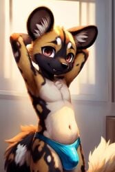 adorable african_wild_dog ai_generated arms_behind_head arms_up buldge cub cute_fangs furry furry_only innocent kemono male male_only prompter:african_coon speedo young younger_male