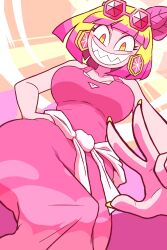 1girls big_breasts blush blushing blushing_at_viewer breasts dress earrings female female_focus female_only hand_on_hip looking_at_viewer looking_down_at_viewer peace_sign pink_dress quarium smile smiling smiling_at_viewer solo solo_female solo_focus