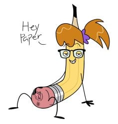 animate_inanimate anus bedroom_eyes black_eyes cartoony female ginger ginger_hair object pencil_(rock_paper_scissors) ponytail pussy rock_paper_scissors_(nickelodeon) rock_paper_scissors_(series) toony visible_pussy white_background