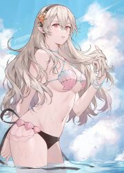 1girls adjusting_hair ai_tkkm alternate_costume arm_behind_back bare_arms bare_midriff bare_shoulders bare_thighs beads bikini black_hairband breasts clam_shell cloud cloudy_sky corrin_(female)_(fire_emblem) corrin_(fire_emblem) corrin_(fire_emblem)_(female) eyelashes female female_only fire_emblem fire_emblem_cipher fire_emblem_fates grey_hair hairband headband highres large_breasts long_hair looking_at_viewer looking_down midriff navel nintendo ocean official_alternate_costume outdoors parted_lips partially_submerged pointy_ears red_eyes shell shell_bikini sideboob sky solo standing starfish starfish_hair_ornament swimsuit thighs underboob very_long_hair water wet