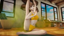 1girls 3d brown_hair eretiri fart fart_cloud fart_fetish farting female leg_lift overwatch overwatch_2 short_hair solo stretching tracer yoga