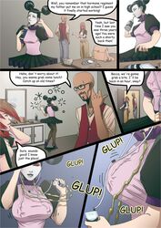 breast_expansion breasts brown_hair comic green_eyes huge_breasts lactation mangrowing milk milking molly_(mangrowing)