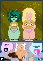 1boy 2girls adventure_time adventure_time:_fionna_&_cake blonde_female blonde_hair cosmic_owl dream finn_the_human fionna_the_human_girl green_eyes green_hair green_skin huntress_wizard minus_class pale-skinned_female pale_skin plant_hair underwear underwear_only