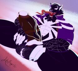 alien animal_genitalia animal_penis balls big_penis black_body black_fur body_hair clothing ear_piercing equine_genitalia equine_penis fan_character felid feline fur genitals hairy_balls halley_karillion hi_res holding_penis huge_cock jacket male mammal marvel muscular penis piercing pubes solo symbiote tongue tongue_out tongue_piercing topwear uproar_(halley_karillion) venom_(marvel) white_body white_fur