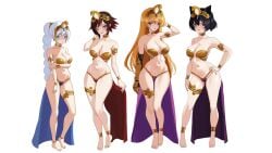 4girls belly_dancer belly_dancer_outfit black_hair blake_belladonna blonde_hair blue_eyes blue_loincloth blush breasts busty cat_ears cat_girl catgirl cleavage collar cosplay dancer_shantae female female_only full_body gatlas gold_bikini gold_bracelet gold_jewelry gold_thigh_ring gold_thighlet hand_on_hip harem_outfit high_heels human jewelry large_breasts loincloth long_hair multiple_females multiple_girls pose purple_loincloth red_hair red_loincloth revealing_clothes robotic_arm ruby_rose rwby scar shantae short_hair slave_bikini slave_outfit small_breasts snake_hair_ornament team_rwby weiss_schnee white_background white_hair wide_hips yang_xiao_long