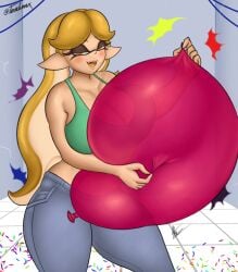 1girls artist_signature balloon balloon_fetish bedroom_eyes big_breasts blonde_hair blush breast_press cleavage commission confetti fangs gold_hair green_topwear holding_balloon holding_object inkling inkling_girl jeans long_hair looking_at_viewer midriff navel nintendo nsfwtalex open_mouth pointy_ears popped_balloon solo splatoon splatoon_(series) sports_bra telaxart tentacle_hair texalunax thick_thighs yellow_eyes