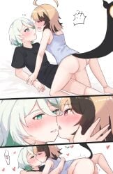 automaton blush cecilia_immergreen clothed gigi_murin green_hair hololive hololive_english joints kissing tail yuri