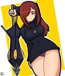 1girls black_dress black_eyes dress female female_only legs long_hair panties parasoul purple_panties purple_underwear red_hair skullgirls underwear upskirt