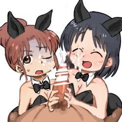 1boy 2girls animal_ears bagel512 bar_censor bare_shoulders black_bow black_bowtie black_hair black_leotard bow bowtie breasts brown_eyes brown_hair censored city_(arawi_keiichi) cleavage closed_eyes collarbone cum cum_on_body detached_collar ejaculation facial fake_animal_ears izumi_wako large_breasts leotard multiple_girls nagumo_midori one_eye_closed open_mouth pantyhose penis pov rabbit_ears shaded_face short_hair simple_background smile straight strapless strapless_leotard sweat veins veiny_penis white_background