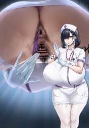 absurdres adjusting_clothes adjusting_gloves anus arm_tattoo black_hair breasts censored clothing_aside commentary_request cowboy_shot female from_below gloves hat highres huge_breasts leg_tattoo mole mole_on_ass nurse nurse_cap original panties panties_aside pantyhose pubic_hair queen_of_spades_symbol race_fetishism race_fetishism_symbol spread_pussy standing tattoo text thighhighs underwear white_gloves white_pantyhose zerogura