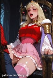 1boy 1girls ai_generated artist_name ass aurora_(sleeping_beauty) big_ass big_breasts blonde_hair breasts disney disney_princess female female_on_cloth hairband hi_res high_heels indoors klexyai large_breasts long_hair looking_at_viewer makeup medium_breasts nipples open_mouth penis penis_in_pussy princess purple_eyes pussy royalty sleeping_beauty_(1959_film) smile solo thighhighs uncensored