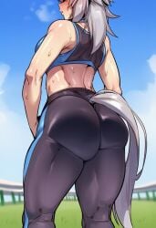 1girls 2d ai_generated animal_ears ass ass_focus bare_shoulders big_ass big_butt big_thighs black_pants blue_sky blush breasts cloud cyreneceo day from_behind grey_hair horse_ears horse_girl horse_tail large_ass large_butt large_thighs long_hair medium_breasts muscles muscular muscular_female oguri_cap_(umamusume) outdoors pants sky solo sports_bra standing sweat tail thick_ass thick_butt thick_thighs thighs umamusume umamusume_pretty_derby yoga_pants