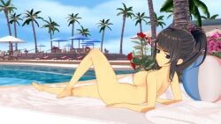 1girls 3d_model beach brown_eyes brown_hair danganronpa:_grand_lie fanganronpa female female_only fully_nude koikatsu la_praluline large_breasts looking_at_viewer mole mole_under_mouth nude only_female ponytail pool poolside smiling_at_viewer