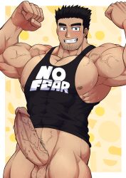 balls bara big_penis black_hair blush boner erection facial_hair flexing lucas_lee male male_only muscles muscular pantsless penis scott_pilgrim solo solo_male sweat sweating tank_top_only tofuboyz