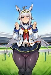 1girls 2d ahoge ai_generated animal_ears ass belt big_ass big_butt big_thighs black_pantyhose blue_eyes blue_skirt blush breasts cameltoe clenched_hands closed_mouth cyreneceo female_only grass grey_eyes grey_hair horse_ears horse_girl large_ass large_butt large_thighs long_hair long_sleeves looking_at_viewer medium_breasts midriff multicolored_hair navel neckerchief oguri_cap_(umamusume) outdoors pantyhose pleated_skirt red_neckerchief sailor_collar shirt skirt smile solo solo_female thick_ass thick_butt thick_thighs thighs umamusume umamusume_pretty_derby white_shirt wide_hips