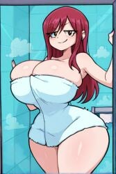 ai_generated erza_scarlet fairy_tail female huge_breasts long_hair red_hair smug towel