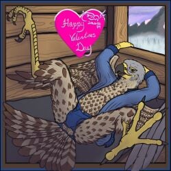 2026 4_toes anisodactyl anthro anus ass avian beak bed bird blue_briefs blue_clothing blue_underwear border briefs cere_(anatomy) chastity_bulge chastity_cage chastity_device chastity_under_clothing clothed clothing cloud coat english_text falcon falconid feathers feet furniture grey_body grey_feathers hand_on_furniture heart_symbol hole_in_pants holidays inside looking_at_viewer lying male mountain multicolored_body multicolored_feathers on_back peregrine_falcon presenting presenting_hindquarters reclining scuted_arms scutes seductive shaded signature snow solo spread_legs spreading tail tail_feathers talons tan_body tan_feathers text toes topwear two_tone_body two_tone_feathers tzair_(artist) tzair_(character) underwear valentine's_day wearing_chastity_cage wearing_chastity_device window wings yellow_scutes