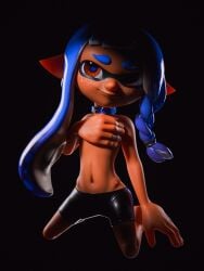 1girls 3d 3d_(artwork) blue_hair collar covering_breasts highres inkling inkling_girl looking_at_viewer no_shirt piparkaq shorts small_breasts smile solo solo_female splatoon splatoon_(series) topless topless_female