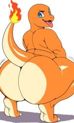 1boy anthro anthro_male bedroom_eyes blue_eyes butt_clapping charmander cute_fang flaming_tail hi_res hyper_butt hyper_hips hyper_thighs looking_back male nude open_mouth open_smile orange_body overweight overweight_male pokemon pokemon_(species) solo squatting tail thick_arms thick_thighs thin_eyebrows three_quarter_view tongue_out white_background white_pupils