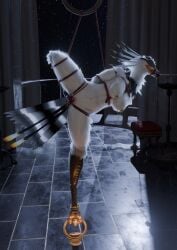 3d_(artwork) absurd_res accipitriform anthro avian beak bird bondage bound breasts chains chair claws digital_media_(artwork) falconfeather feathers female firsa_cloud furniture gag genitals hi_res light moonlight nipple_chain plug red_eyes restraints rope rope_bondage rope_harness scales secretary_bird self-bondage small_breasts tail toy vulva