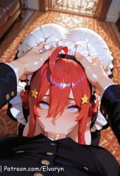 1boy ai_generated apron bangs blue_eyes blush boobjob breasts breasts_out cowgirl_position elvoryn female female_on_cloth hair_between_eyes hair_ornament indoors large_breasts long_hair long_sleeves looking_at_viewer maid maid_apron maid_headdress nakano_itsuki nipples open_mouth penis penis_in_mouth pov puffy_sleeves red_hair sex solo_focus star_hair_ornament straddling straight sweat the_quintessential_quintuplets uncensored vaginal_penetration