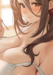 blurry blurry_background blush bra breasts brown_eyes brown_hair cleavage closed_mouth commentary_request female hair_between_eyes highres inushima large_breasts long_hair looking_at_viewer mimikaki mole mole_under_eye original sidelocks smile solo strap_slip underwear upper_body white_bra