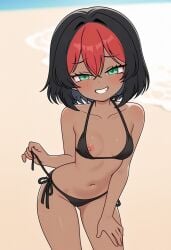 ai_generated beach bikini black_hair breast brown_skin brown_skinned_female cookiasncream cyan_eyes green_eyes kaybur_(series) la_gran_guerra_(series) medium_breasts nude_female red_hair short_hair show_boobs small_breasts sofia_eskáy_(character)
