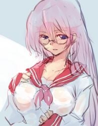 00s breasts female female_focus glasses large_breasts long_hair lucky_star negresco pink_hair purple_eyes school_uniform see-through_clothes serafuku simple_background solo takara_miyuki wet wet_clothes