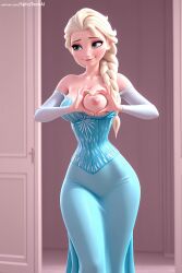 ai_generated artist_name bare_shoulders blonde_hair blue_eyes braid breasts detached_sleeves dress elsa_(frozen) female hair_over_shoulder heart_hands hi_res high_quality high_resolution lips long_hair looking_at_viewer medium_breasts nipples no_bra patreon patreon_username seductive sexy single_braid smile solo spicytoonai standing strapless_dress uncensored watermark web_address