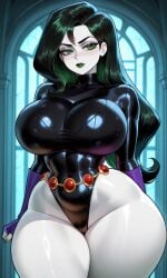ai_generated black_hair black_lips curvaceous curvaceous_female curvy curvy_female disney female female_only green_eyes houseofwaifu huge_breasts kim_possible leotard raven_(cosplay) shego thick_thighs tiny_waist white_skin wide_hips
