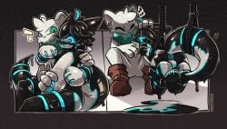 absurd_res accessory ambiguous_gender anthro anus arms_tied belt boots bound bulge clothing cowlick dripping duo footwear full_body_suit furgonomics gaping gaping_anus goo_creature hair hand_on_bulge hand_on_head hi_res kurousagi_kemo latex lock_symbol male mask null_bulge raised_tail scarf shoes smile tail tail_accessory tail_belt thigh_belt visor_eyes