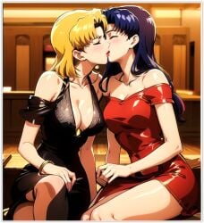 2girls ai_generated akagi_ritsuko alternate_costume bangs bare_arms bare_legs bare_shoulders black_dress blonde_female blonde_hair blush bracelet breasts cleavage closed_eyes collarbone couple dress duo female/female female_only friends guloyu84 indoors jewelry katsuragi_misato kissing legs long_hair love medium_breasts misato_katsuragi multiple_females multiple_girls mutual_yuri neck neon_genesis_evangelion off-shoulder_dress off_shoulder parted_bangs purple_hair red_dress ritsuko_akagi romantic romantic_couple short_dress short_hair sitting straight_hair thighs yuri