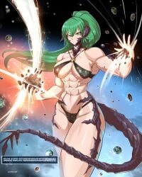 1girls abs astronomical_hyper au_ra au_raimdelle bikini black_scales breasts commission commissioner_upload english_text female female_focus final_fantasy final_fantasy_xiv giantess green_eyes green_hair horns hyper_giantess muscular muscular_female oc original_character pectoriah solo solo_female space swimsuit tail text universe