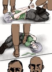 1girls 2boys captured comic defeated fat00x1 female female_soldier original restrained spoils_of_war tagme tied_hands tied_legs