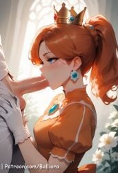 1boy 1girls ai_generated belliora blowjob blue_eyes blush breasts clothed_female crown cute cute_face female female_focus large_breasts light-skinned_female light-skinned_male light_skin long_hair looking_at_viewer medium_breasts orange_dress penis penis_in_mouth princess_daisy red_hair