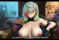 ai_generated annoyed armpit_peek blush diabellstar_the_black_witch duel_monster english_text frowning_at_viewer fur_coat gloves goldenlord gray_hair huge_breasts nipples sweaty sweaty_armpits wanted_poster yu-gi-oh!