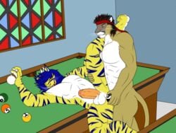 animated anthro feline furry furry_only hunterramirez lion male male_only mammal multiple_males muscles smile tiger yaoi