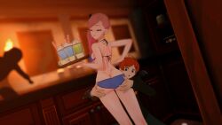 1boy 1boy1girl 1girls 3d_model ahoge bar behind_counter brown_eyes danganronpa danganronpa_another fanganronpa hostess kabuya_yoruko koikatsu koikatsu_(medium) maeda_yuki orange_hair pink_hair ponytail serving_drink serving_tray super_danganronpa_another_2 working