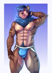 abs anthro areola artist_name ball_bulge barazoku big_bulge blep blue_clothing blue_hair blue_jockstrap blue_mane blue_underwear body_hair border brown_body brown_fur bulge closed_eyes clothed clothing colored darolion felid fingers front_view fur gradient_background hair hand_behind_head happy_trail hi_res humanoid_hands jockstrap jockstrap_only lion male male_only mammal mane markings muscular muscular_anthro muscular_arms muscular_legs muscular_male nipples pantherine pecs portrait pose shaded short_hair simple_background solo standing striped_markings stripes tan_body tan_fur text three-quarter_portrait tongue tongue_out topless topless_anthro topless_male underwear underwear_only white_border