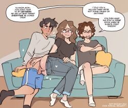 1girls 2boys balls black_hair brown_hair closed_eyes cum english_text female glasses heart jeans male male/female mature mature_female mature_woman milf mother motherly_cuckold not_enough_milk_(artist) original penetration sex socks testicles text text_bubble