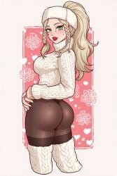 1girls ai_generated ass beautiful beauty_mark big_ass blonde_hair blush booty brown_hair butt_focus curvy_figure dark- female green_eyes hourglass_figure knitted_sweater kyokalovesxo l light-skinned_female light_clothing light_skin looking_at_viewer looking_back makeup moles on_bed on_side original_character pale-skinned_female round_ass round_butt russian russian_female snowbunny tears turtleneck_sweater two-tone_hair wedgie wedgied_female younger_female